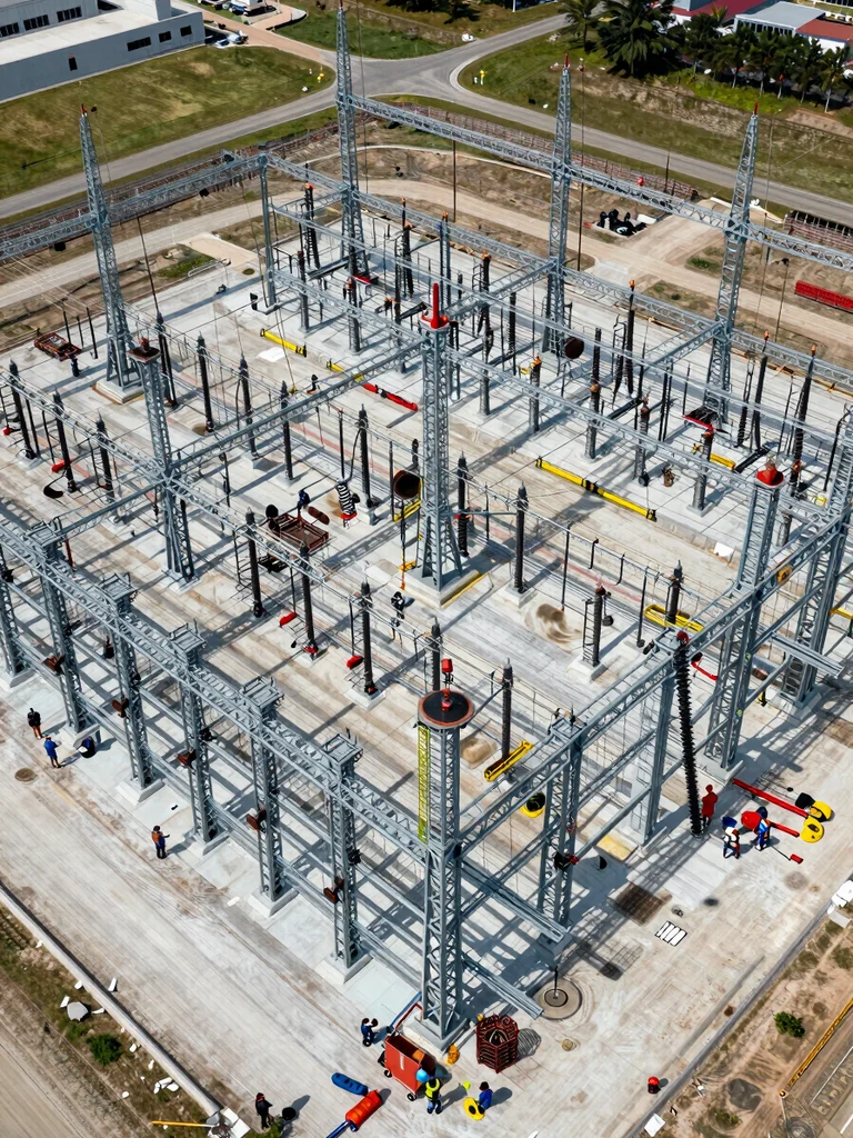 Wide overhead aerial view of a large substation under active construction, steel lattice structures being erected, crews coordinating on the ground below, midday industrial daylight, expansive site footprint visible