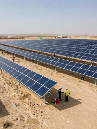 Wide environmental shot of a utility-scale solar farm under construction, rows of panels being mounted on steel racking, crew working mid-field, open desert landscape extending to the horizon, daylight